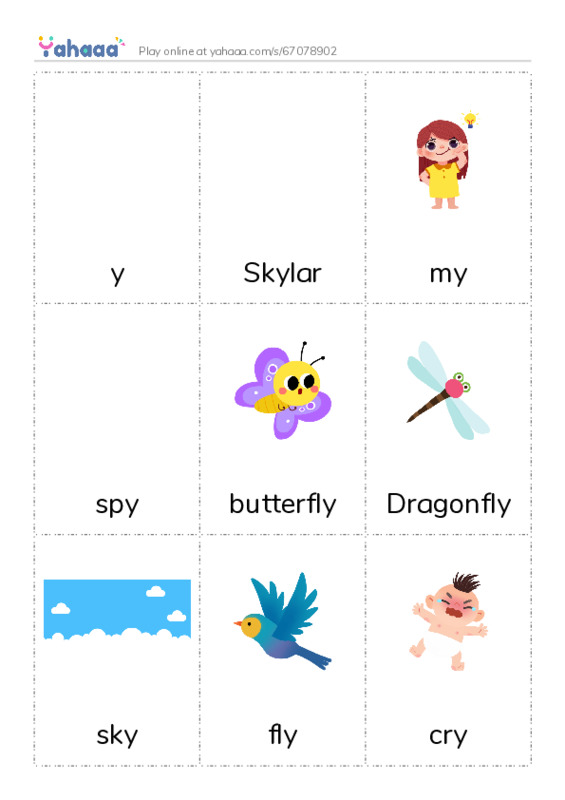 Picture flashcards worksheet for y, Skylar, my and 6 more