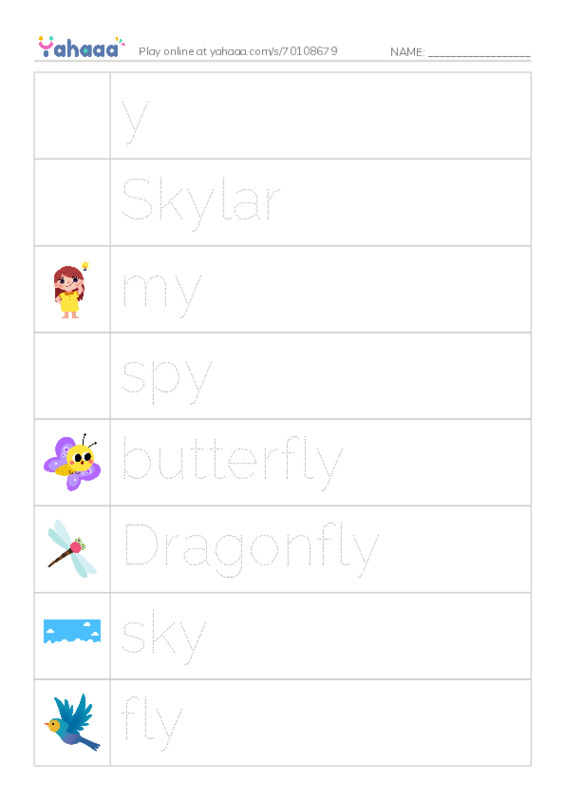 Picture and word rows worksheet for y, Skylar, my and 6 more