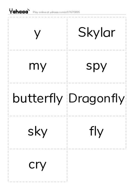 Word flashcards worksheet for y, Skylar, my and 6 more