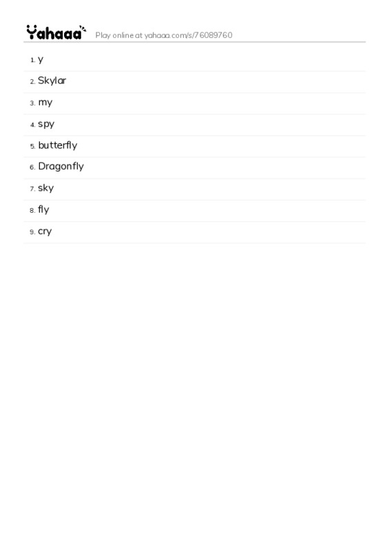 Word list with meanings worksheet for y, Skylar, my and 6 more