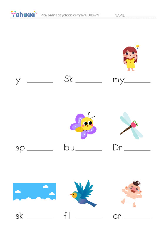 Finish the word worksheet for y, Skylar, my and 6 more