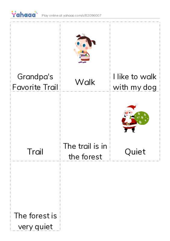 Picture flashcards worksheet for Grandpa's Favorite Trail, Walk, I like to walk with my dog and 4 more