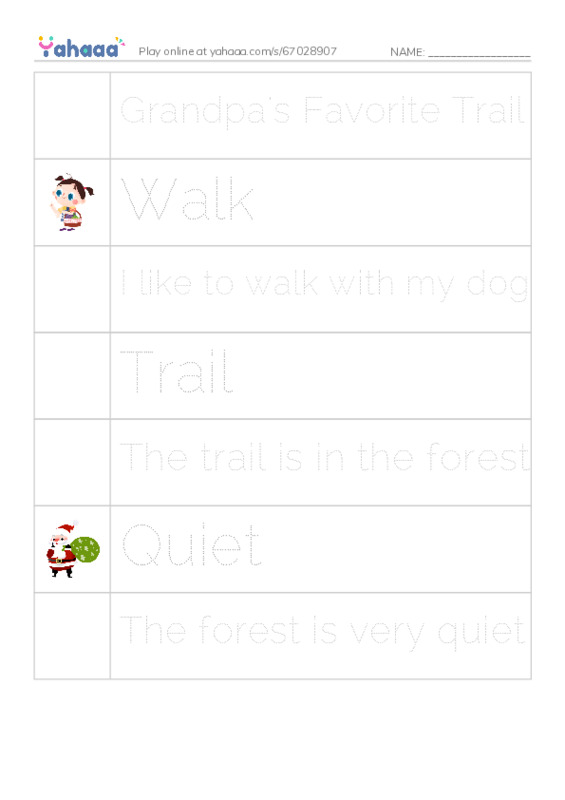 Picture and word rows worksheet for Grandpa's Favorite Trail, Walk, I like to walk with my dog and 4 more