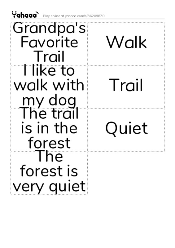 Word flashcards worksheet for Grandpa's Favorite Trail, Walk, I like to walk with my dog and 4 more