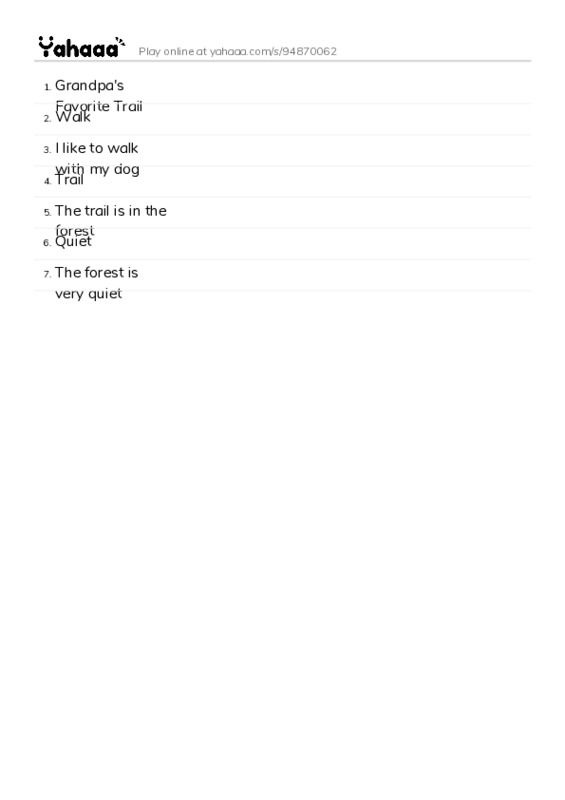 Word list with meanings worksheet for Grandpa's Favorite Trail, Walk, I like to walk with my dog and 4 more