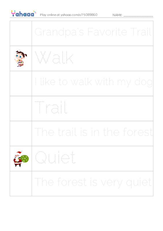 Picture and word rows worksheet for Grandpa's Favorite Trail, Walk, I like to walk with my dog and 4 more