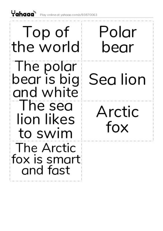 Word flashcards worksheet for Top of the world, Polar bear, The polar bear is big and white and 4 more
