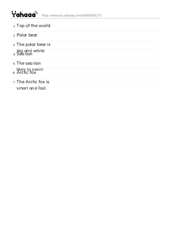 Word list with meanings worksheet for Top of the world, Polar bear, The polar bear is big and white and 4 more