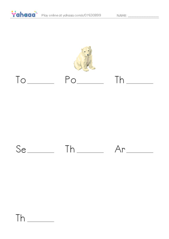 Finish the word worksheet for Top of the world, Polar bear, The polar bear is big and white and 4 more