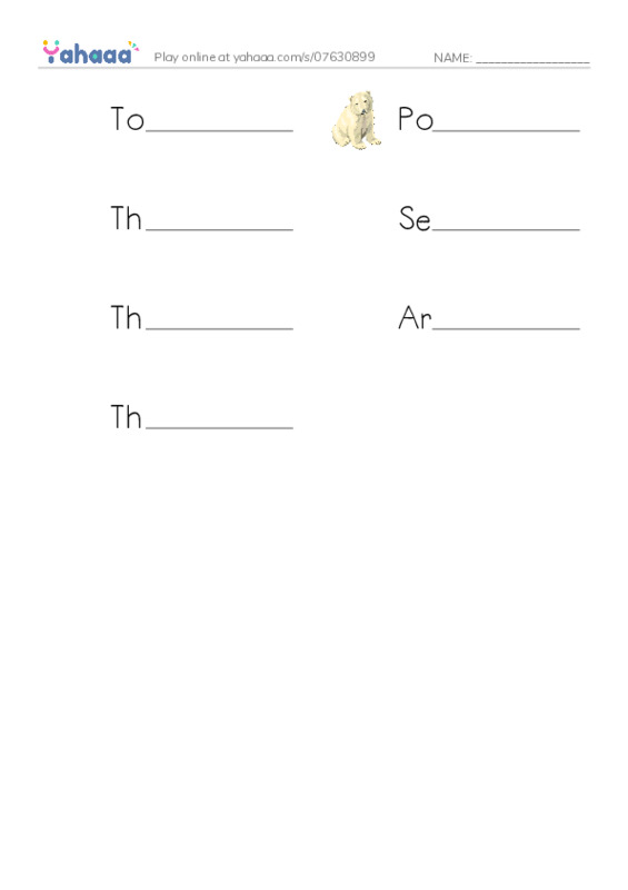 Write the word rows worksheet for Top of the world, Polar bear, The polar bear is big and white and 4 more