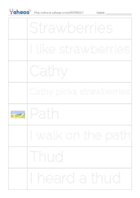Picture and word rows worksheet for Strawberries, I like strawberries, Cathy and 25 more