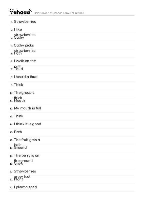Word list with meanings worksheet for Strawberries, I like strawberries, Cathy and 25 more