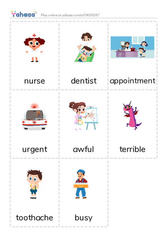 Picture flashcards worksheet for nurse, dentist, appointment and 5 more