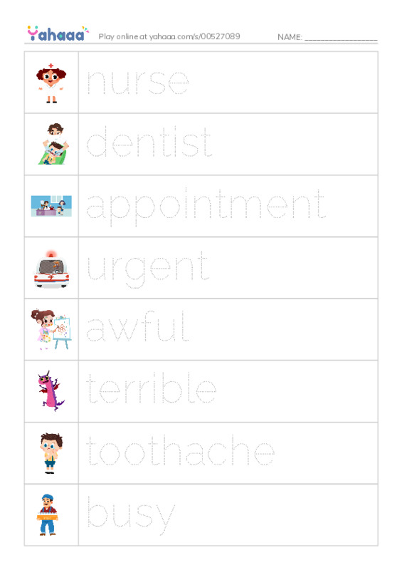 Picture and word rows worksheet for nurse, dentist, appointment and 5 more