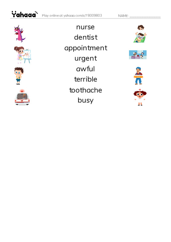 Match both sides worksheet for nurse, dentist, appointment and 5 more
