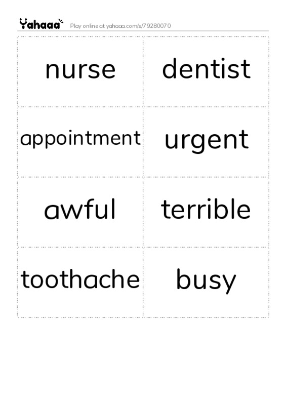 Word flashcards worksheet for nurse, dentist, appointment and 5 more