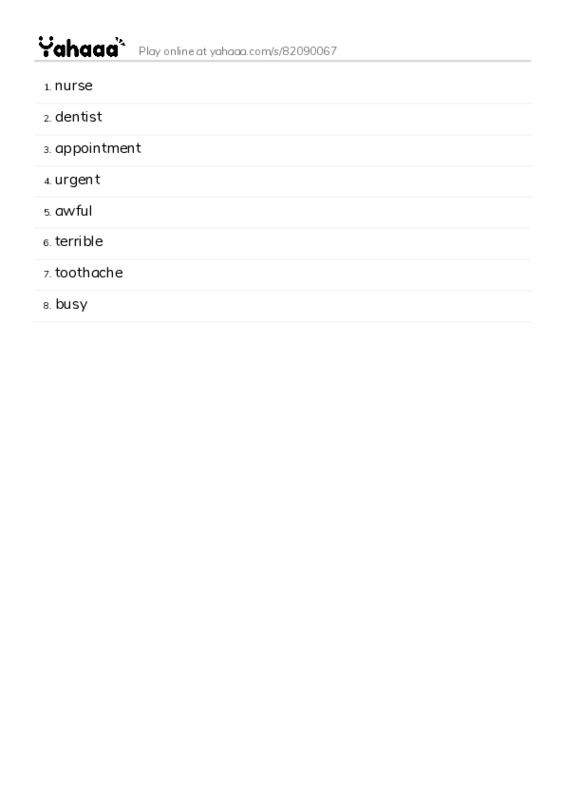 Word list with meanings worksheet for nurse, dentist, appointment and 5 more