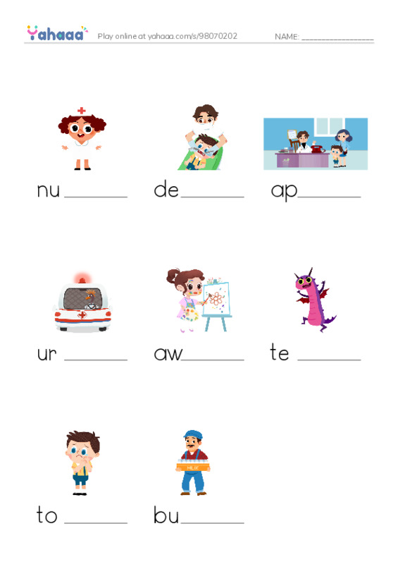 Finish the word worksheet for nurse, dentist, appointment and 5 more