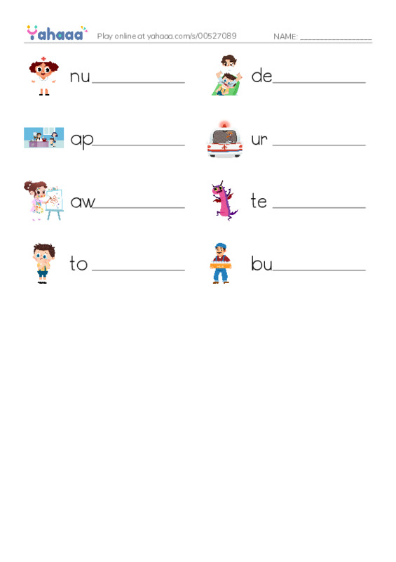 Write the word rows worksheet for nurse, dentist, appointment and 5 more