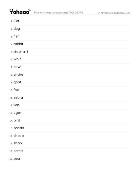 Word list with meanings worksheet for Animals.MissOmniaZiDan