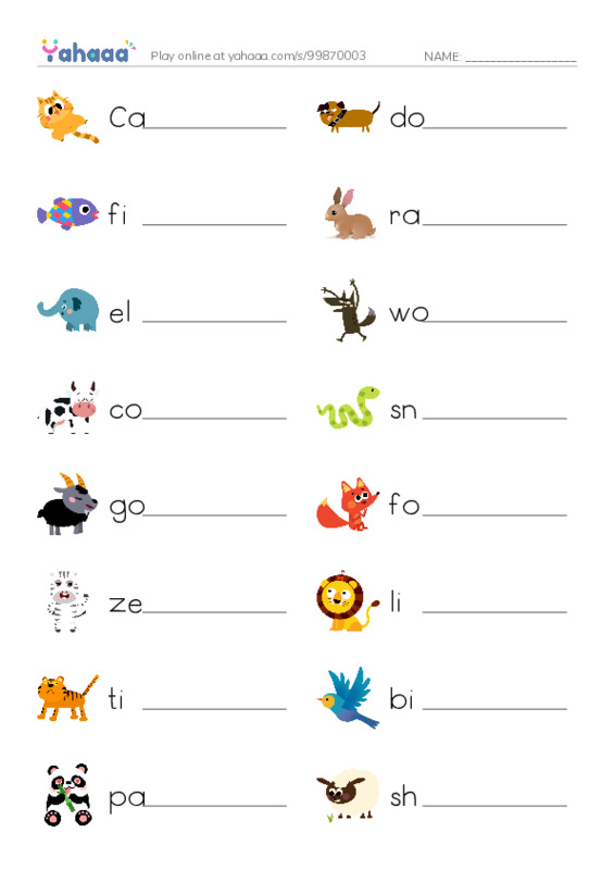 Write the word rows worksheet for Animals.MissOmniaZiDan