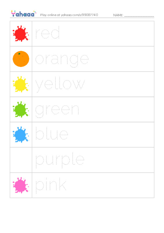 Picture and word rows worksheet for Rainbow Colours