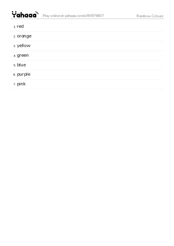 Word list with meanings worksheet for Rainbow Colours