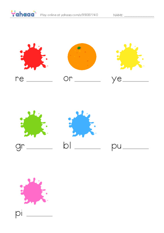 Finish the word worksheet for Rainbow Colours