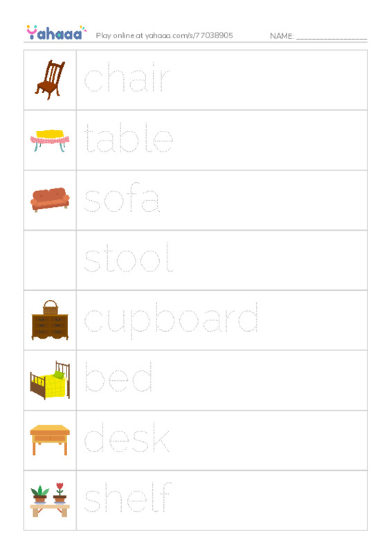 Picture and word rows worksheet for Furniture