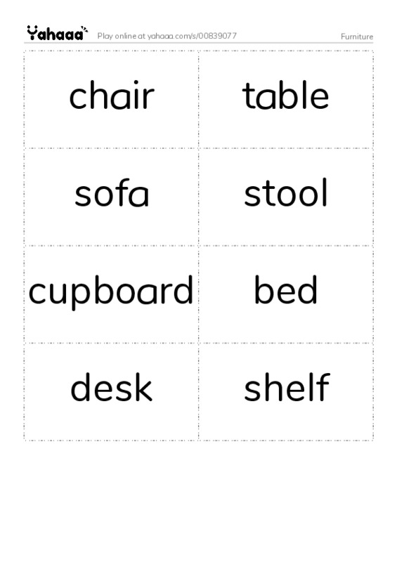Word flashcards worksheet for Furniture