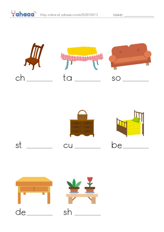 Finish the word worksheet for Furniture
