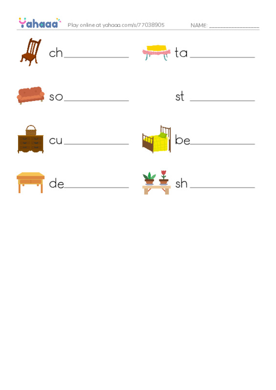 Write the word rows worksheet for Furniture