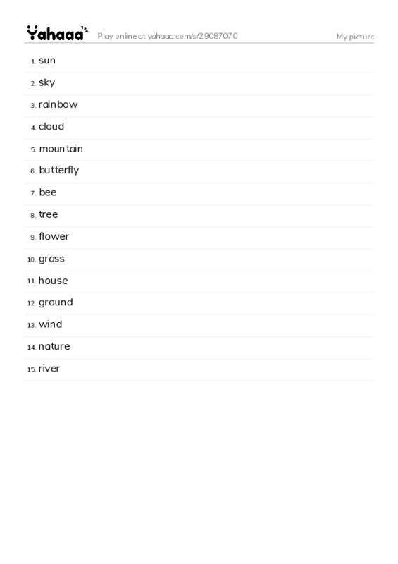Word list with meanings worksheet for My picture
