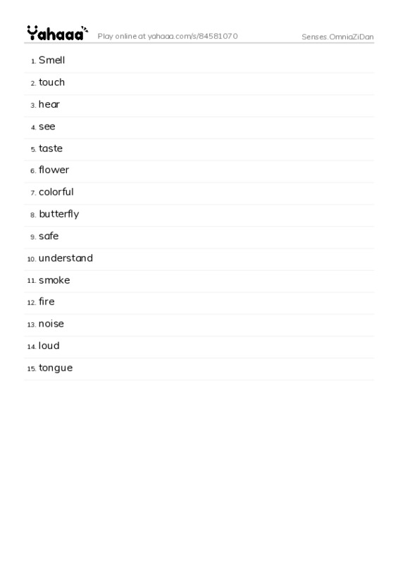 Word list with meanings worksheet for Senses.OmniaZiDan
