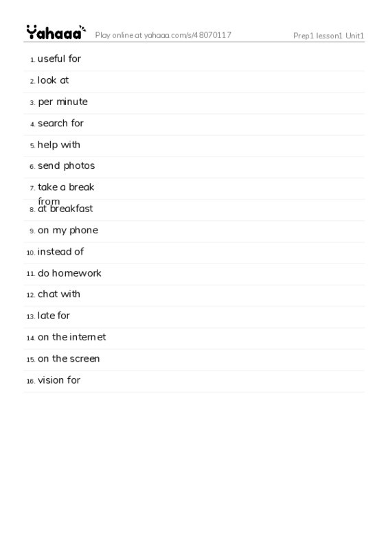 Word list with meanings worksheet for Prep1 lesson1 Unit1