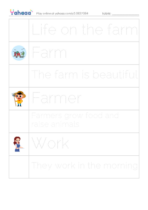 Picture and word rows worksheet for Life on the farm, Farm, The farm is beautiful and 4 more