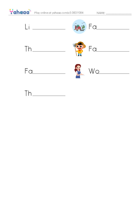 Write the word rows worksheet for Life on the farm, Farm, The farm is beautiful and 4 more