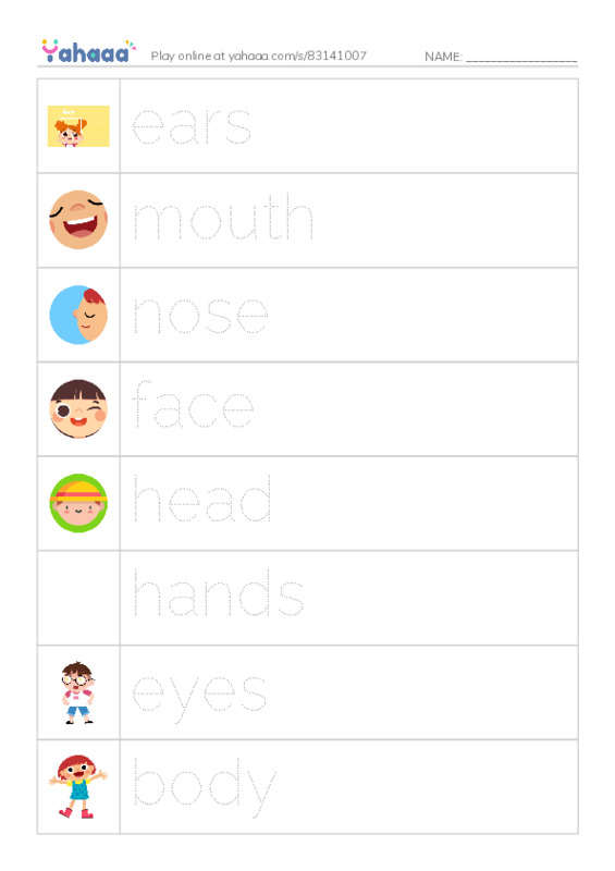 Picture and word rows worksheet for Body parts Omnia ZiDan