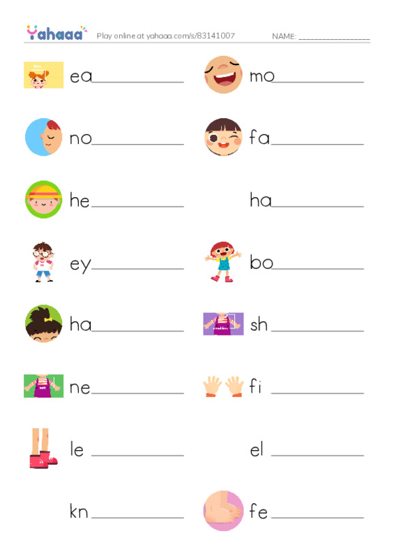 Write the word rows worksheet for Body parts Omnia ZiDan