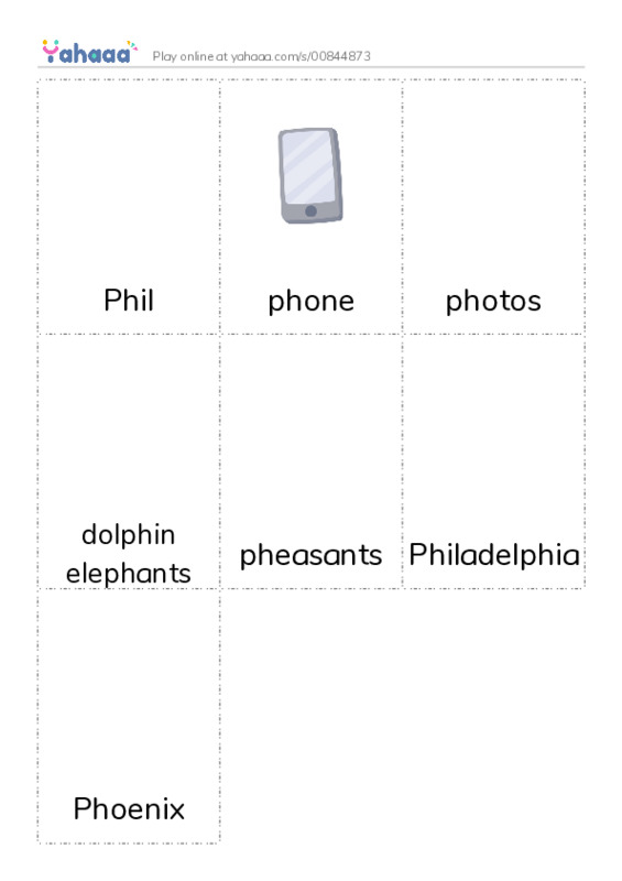Picture flashcards worksheet for Phil, phone, photos and 4 more