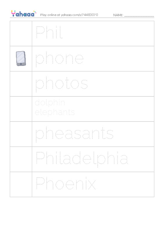Picture and word rows worksheet for Phil, phone, photos and 4 more