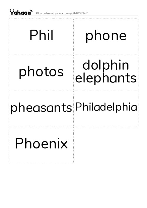 Word flashcards worksheet for Phil, phone, photos and 4 more