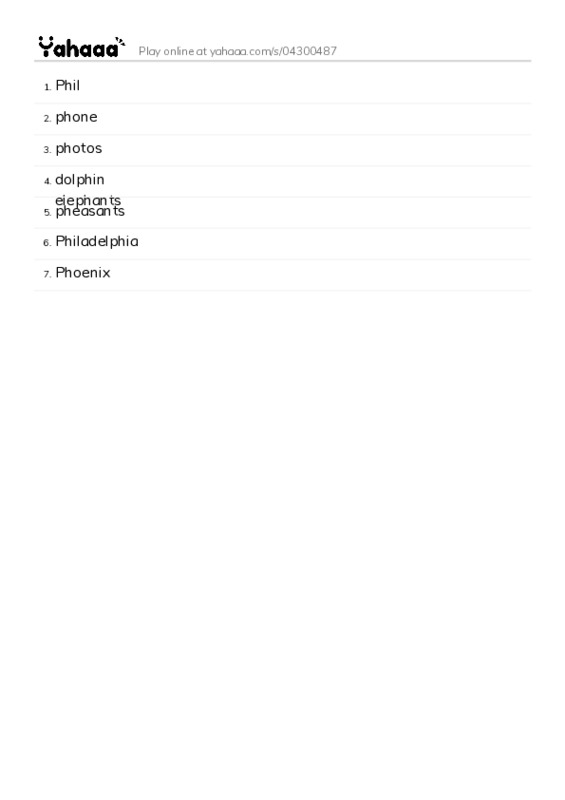 Word list with meanings worksheet for Phil, phone, photos and 4 more
