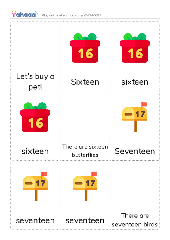 Picture flashcards worksheet for Let’s buy a pet!, Sixteen, sixteen and 10 more