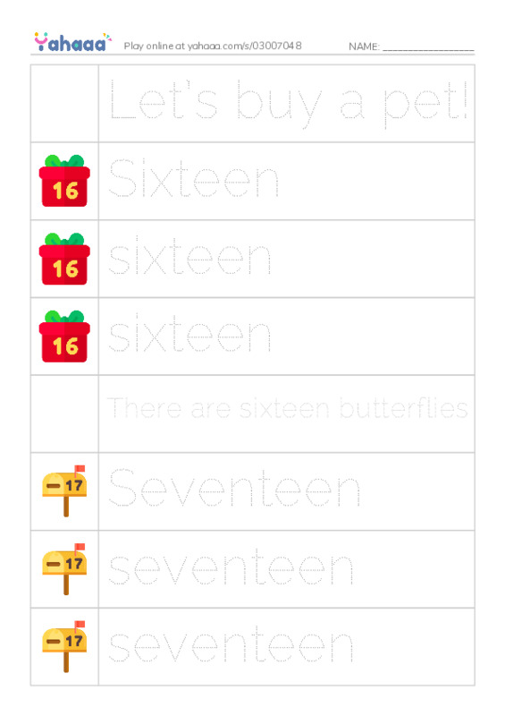 Picture and word rows worksheet for Let’s buy a pet!, Sixteen, sixteen and 10 more