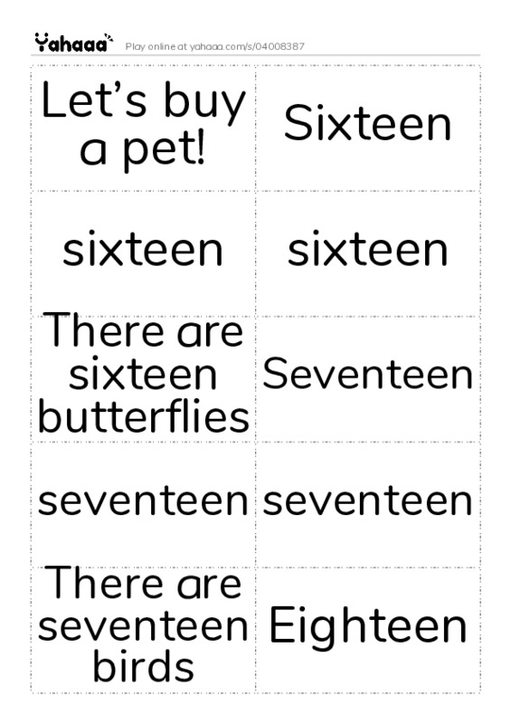 Word flashcards worksheet for Let’s buy a pet!, Sixteen, sixteen and 10 more