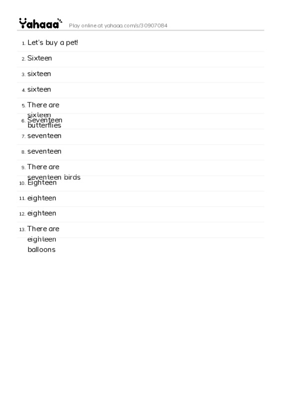 Word list with meanings worksheet for Let’s buy a pet!, Sixteen, sixteen and 10 more