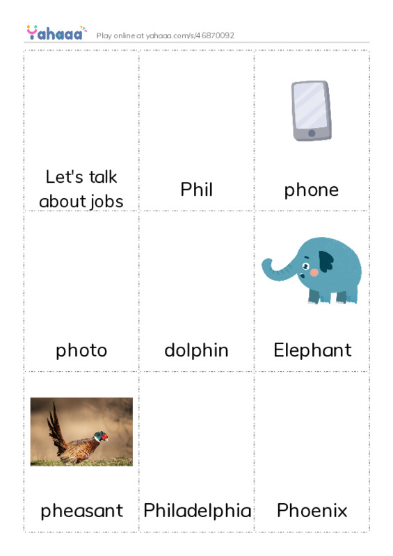 Picture flashcards worksheet for Let's talk about jobs, Phil, phone and 11 more