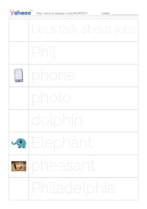Picture and word rows worksheet for Let's talk about jobs, Phil, phone and 11 more