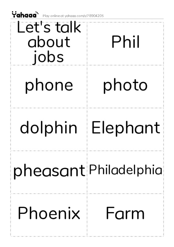 Word flashcards worksheet for Let's talk about jobs, Phil, phone and 11 more